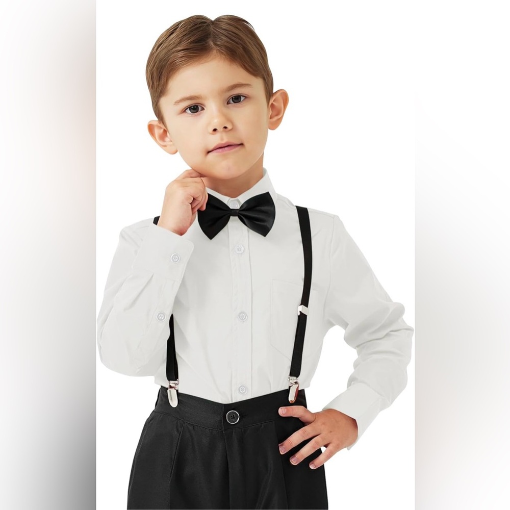 🦕 Stylish White Kids Button Down Shirt with Black Bow Tie 🦕